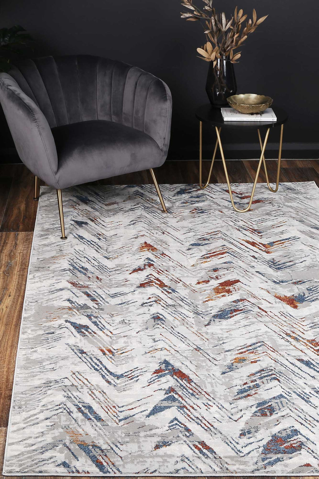 Porto Oskar Grey & Multi Geometric Rug - 12 styled with furniture