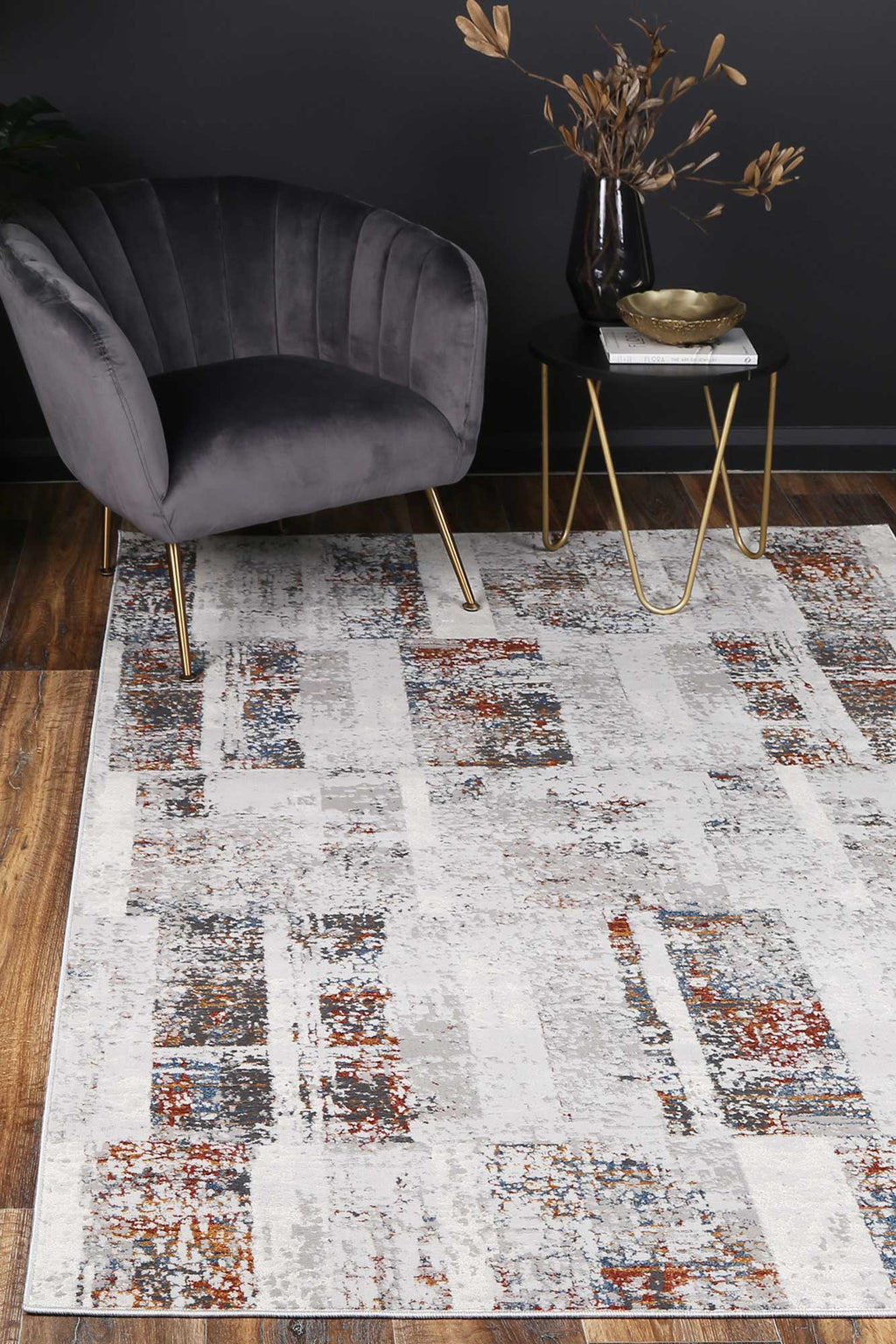 Porto Herman Grey & Multi Abstract Rug - 13 styled with furniture