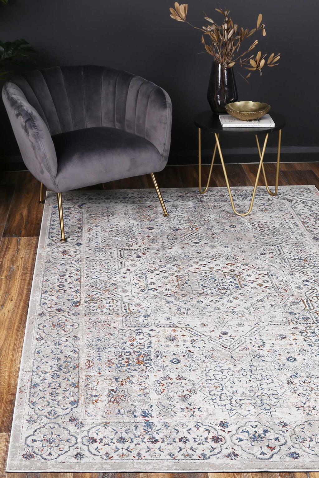 Porto Aurora Grey & Blue Traditional Rug - 14 styled with furniture
