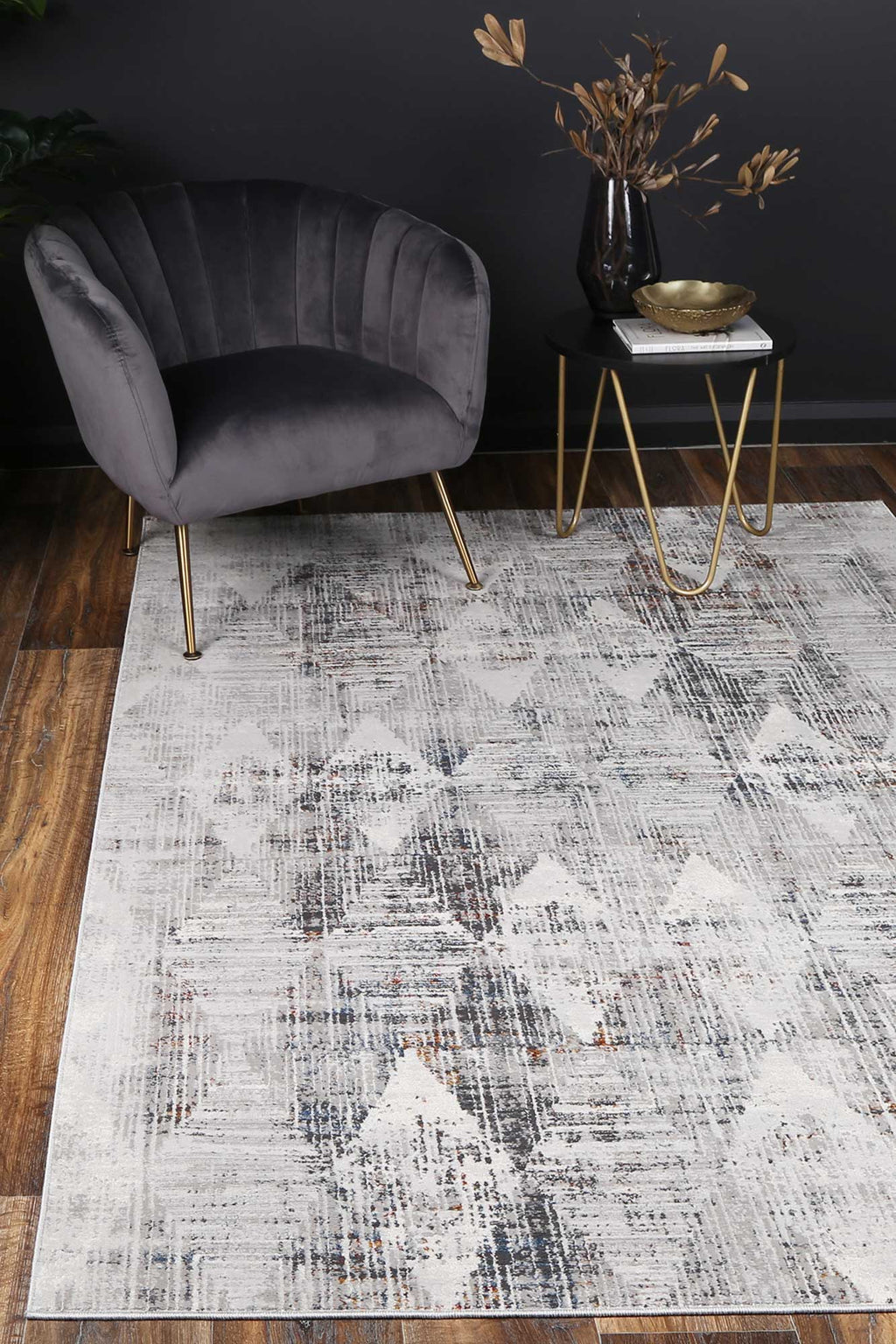 Porto Harlequinn Grey & Multi Geometric Rug - 15 styled with furniture