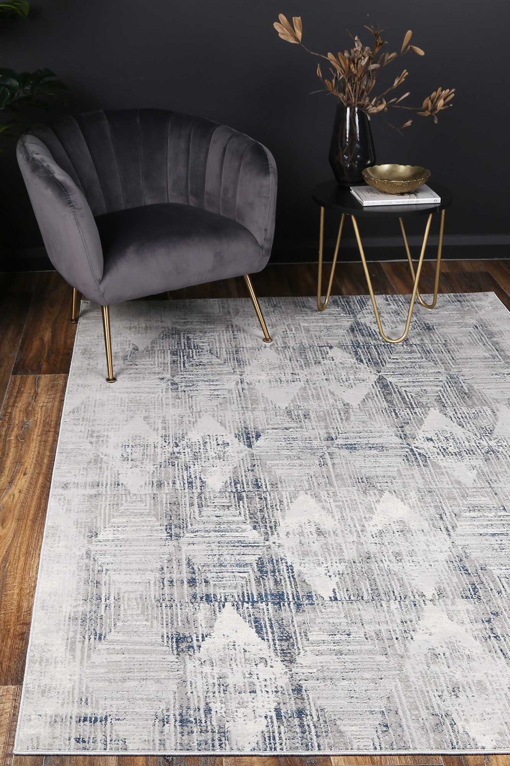 Porto Harlequinn Grey & Blue Geometric Rug - 16 styled with furniture
