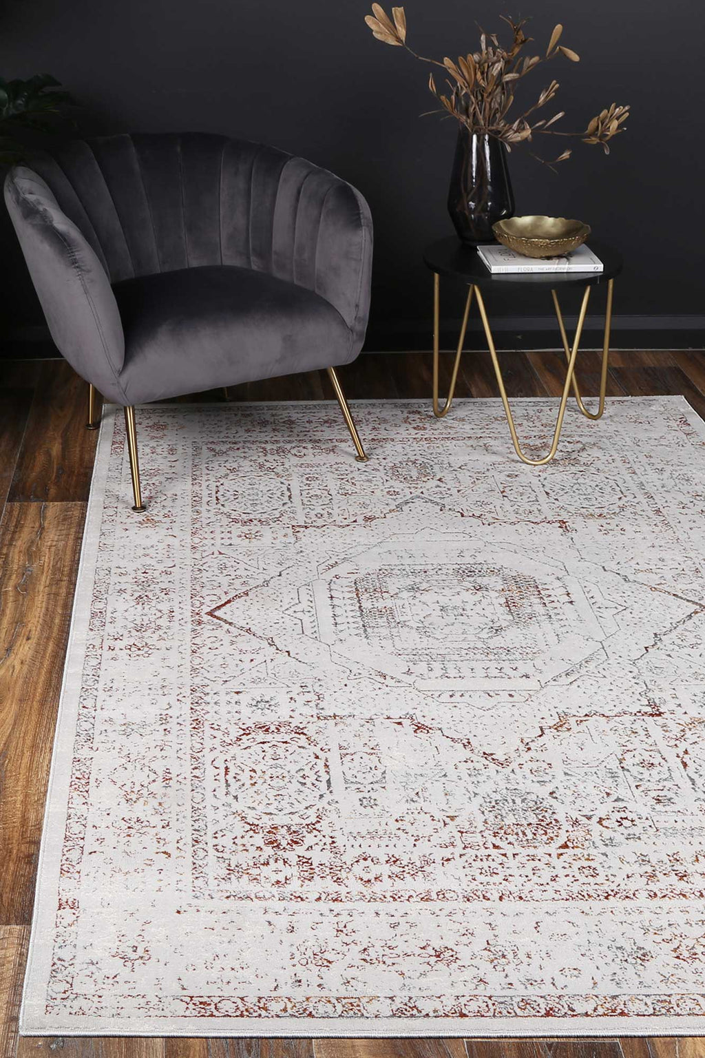 Porto Luna Cream & Red Traditional Rug - 19 styled with furniture