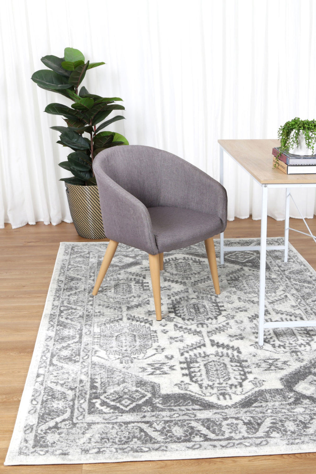 Provence Pau Cream & Grey Traditional Rug - 003 styled with furniture