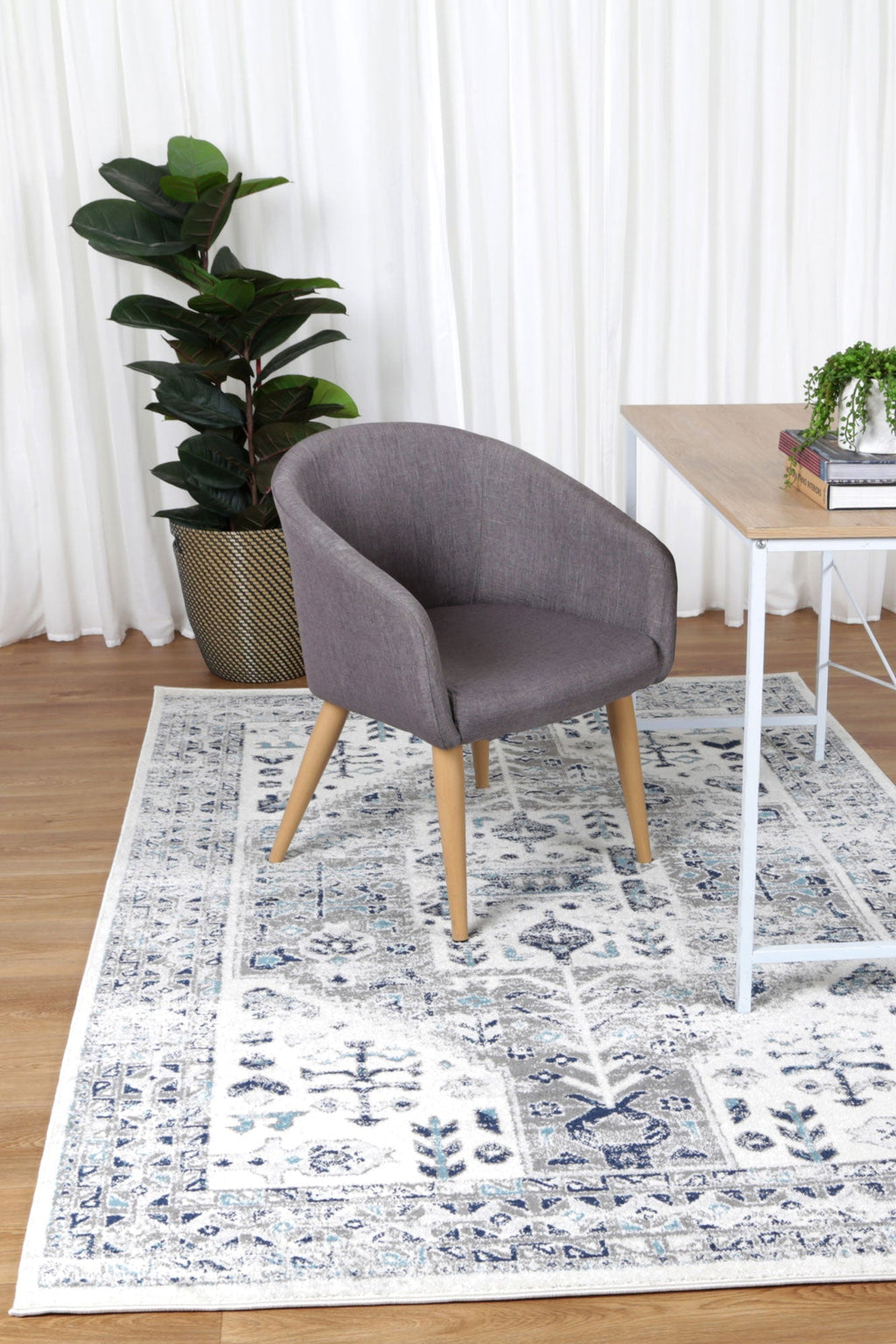 Provence Nimes Blue & Grey Traditional Rug - 014 styled with furniture