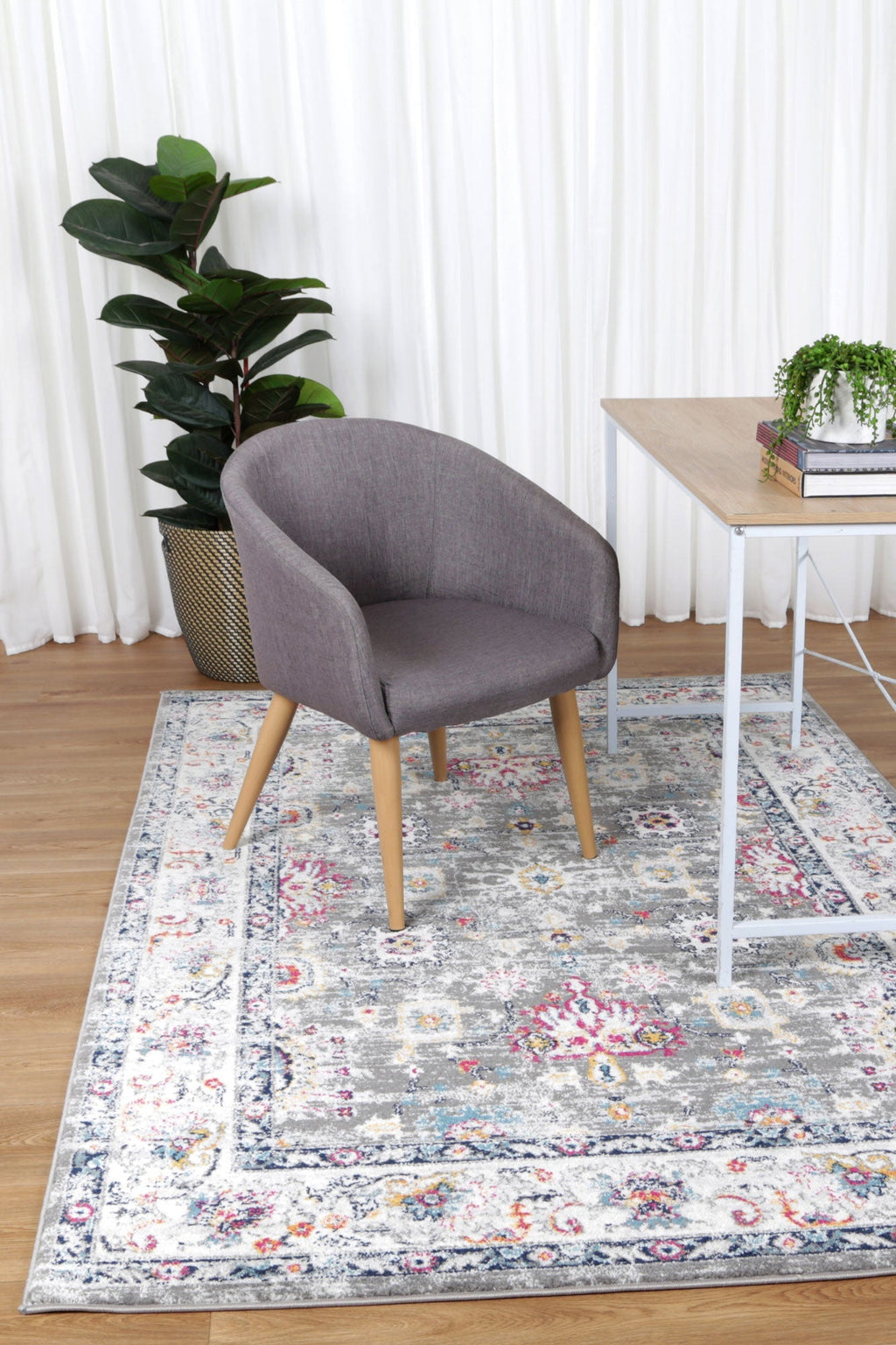 Provence Monaco Grey & Multi Transitional Rug - 019 styled with furniture