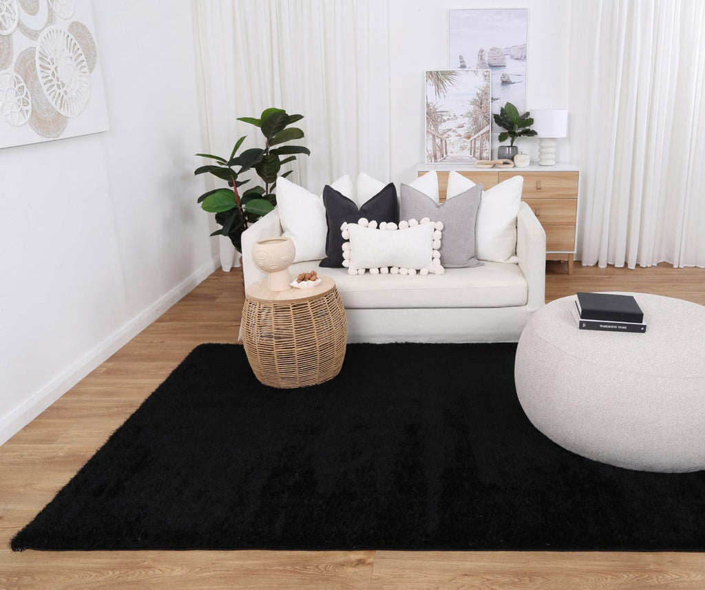 Puffy Soft Shag Black Rug styled with furniture