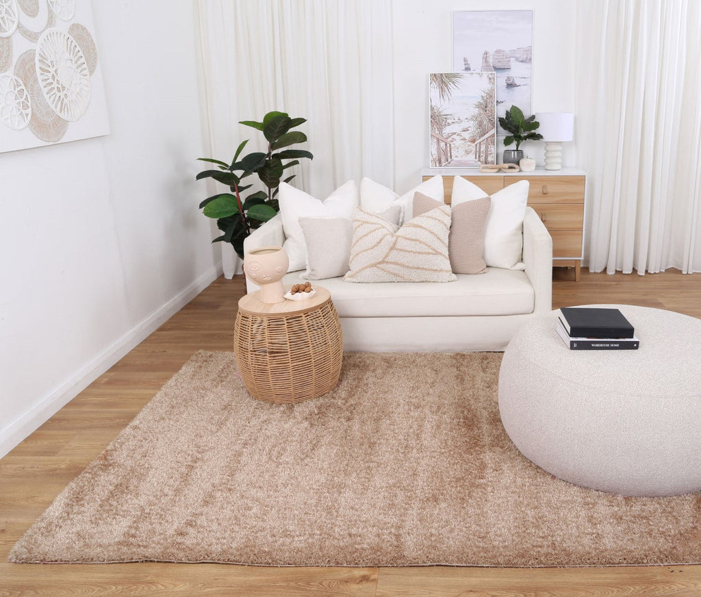 Puffy Soft Shag Camel Rug styled with furniture