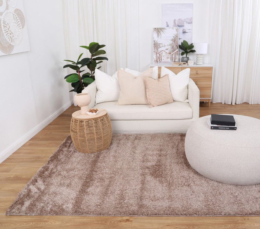 Puffy Soft Shag Beige Rug styled with furniture