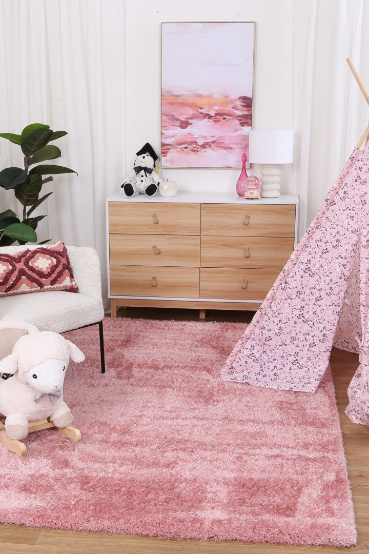 Puffy Soft Shag Pink Rug styled with furniture