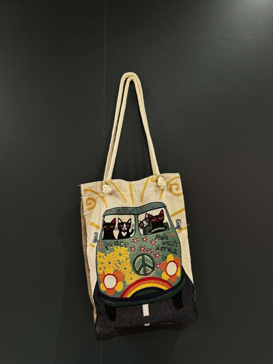 Peace Cats Tote Bag-Spread joy with the Peace Cats Tote Bag! Fun, colorful, and quirky with playful cats in a hippie van, this durable bag is perfect for casual outings and shopping.-Bazaar G Rugs N Gifts