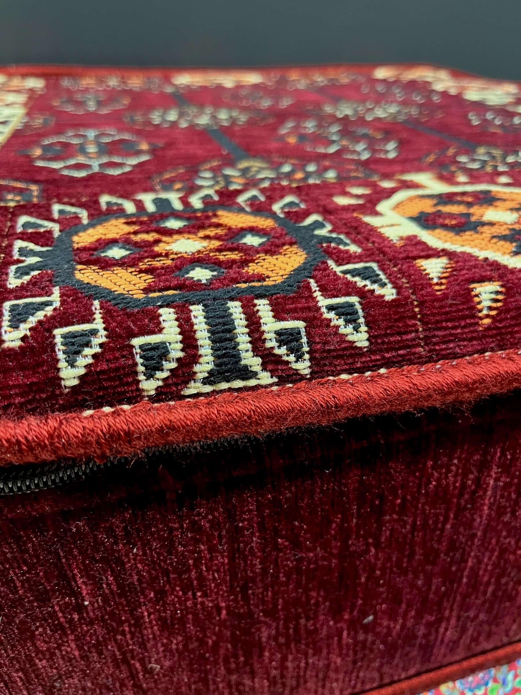 60x60 Cushion Table (Maroon & Orange)This 60x60 cushion table will bring an elegant, luxurious look to your home. Crafted from Turkish fabrics with a solid sponge interior, this table is stylish and built to last. It's beautiful designs and traditional lo