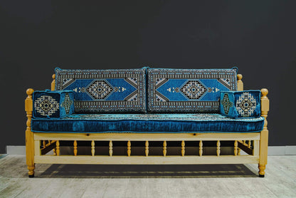 Turkish Divan Sofa Sedir Wood Chair Blue Classic    