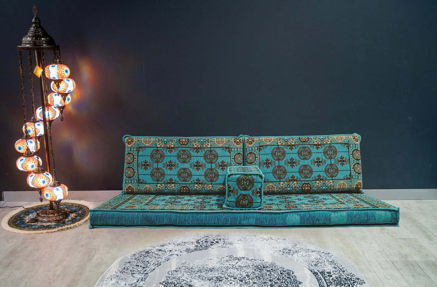 Divan Set ( Floor Cushions ) Aqua ModernAuthentic decorative and comfortable floor cushions Made in Turkiye, %100 Cotton, washable covers with firm sponge filling 4pc Cushion, 1x 70cmX190cm, 2x Cushion 50cmX95cm 1x 22cmX49cm Experience the elegance of a M