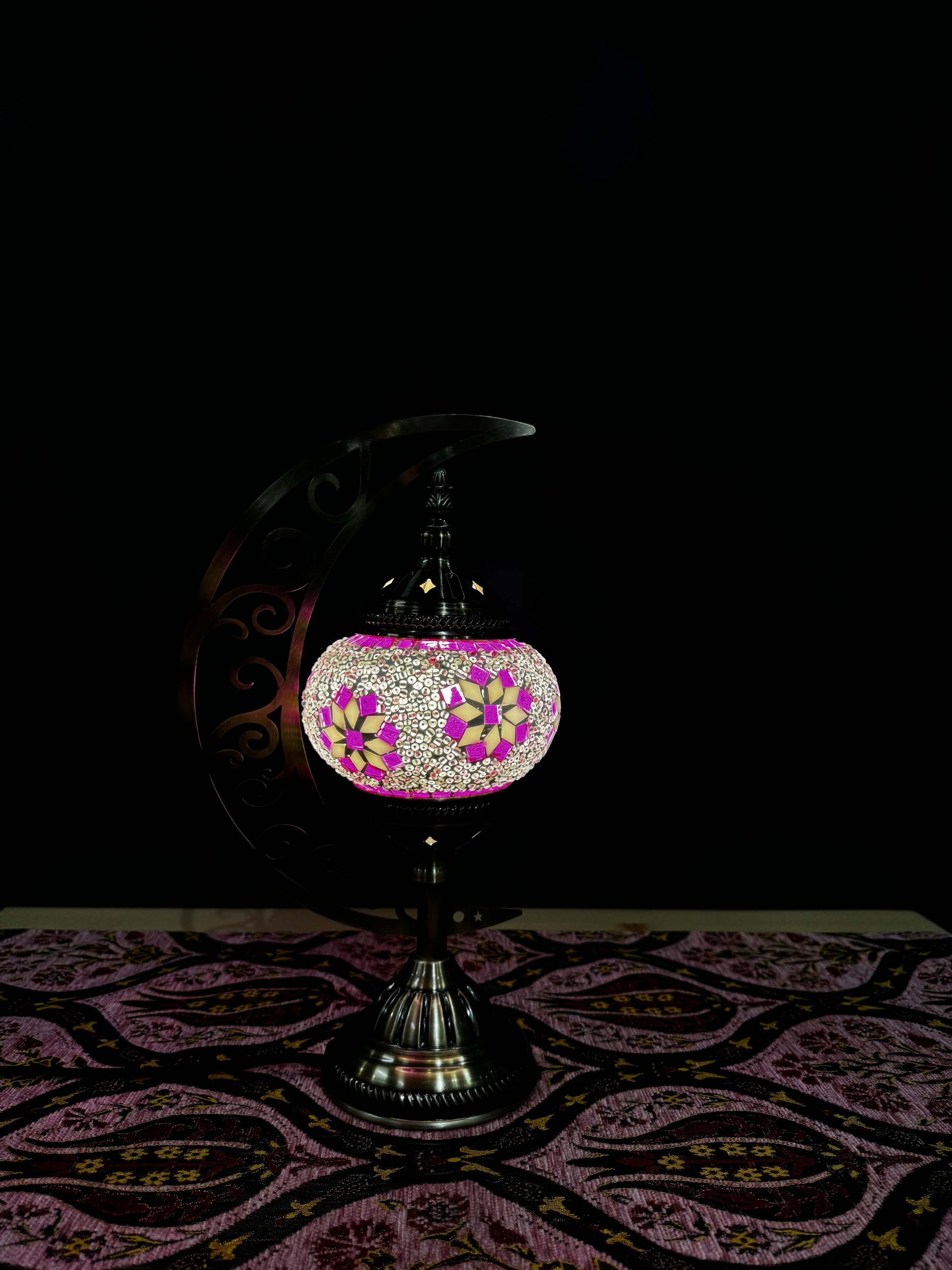 Pink Blossom Turkish Mosaic Lamp - Crescent Moon Design-Shop the Pink Blossom Turkish Mosaic Lamp! Features pink, white, and golden floral mosaic design with a crescent moon stand. Includes LED bulb. Perfect for decor or gifting-Bazaar G Rugs N Gifts