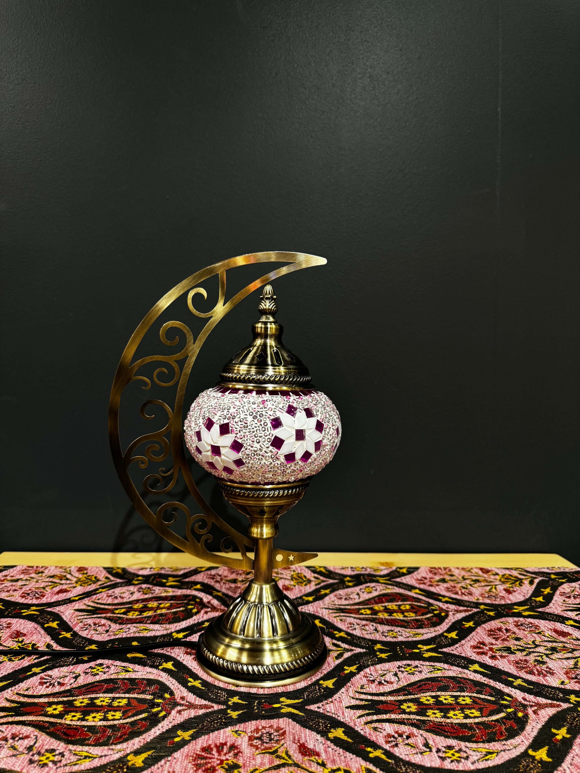 Pink Blossom Turkish Mosaic Lamp - Crescent Moon Design-Shop the Pink Blossom Turkish Mosaic Lamp! Features pink, white, and golden floral mosaic design with a crescent moon stand. Includes LED bulb. Perfect for decor or gifting-Bazaar G Rugs N Gifts