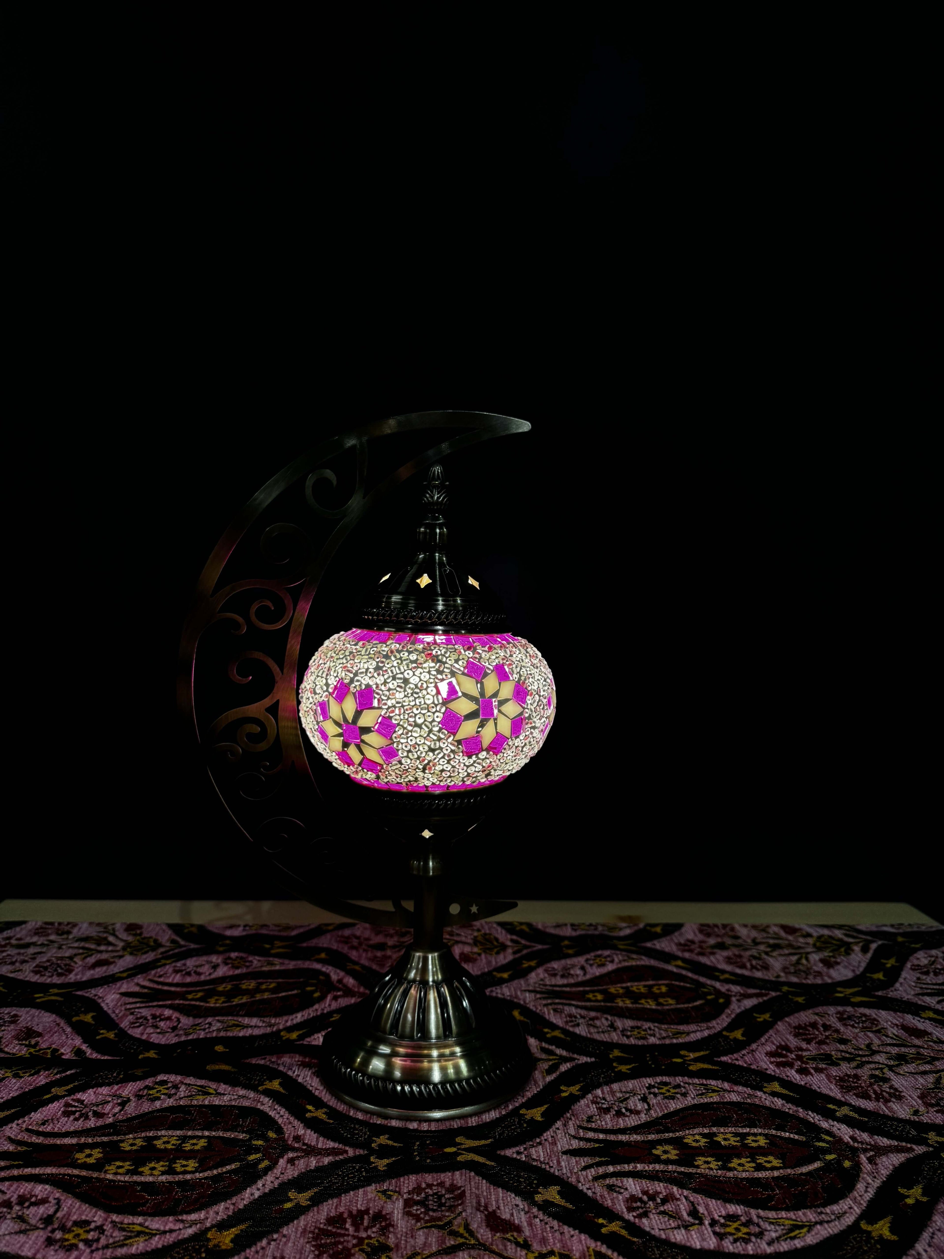 Pink Blossom Turkish Mosaic Lamp - Crescent Moon Design
