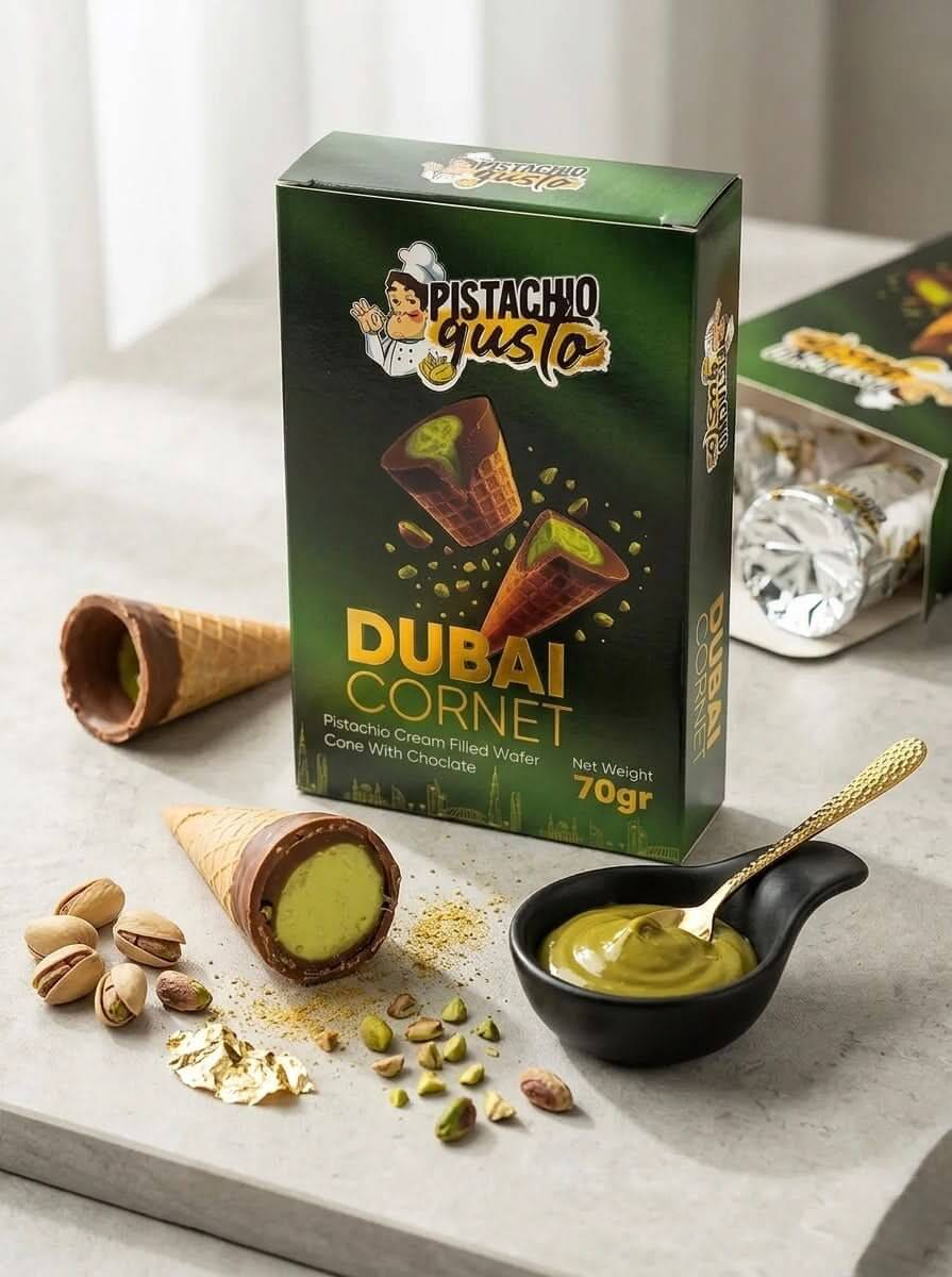 Pistachio Gusto Dubai Cornet box with pistachio cream, chocolate wafer cones, and garnished with nuts