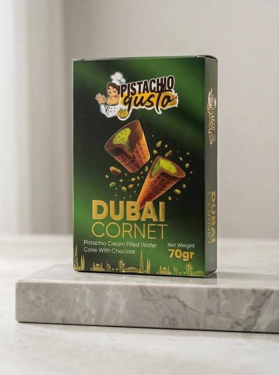 Pistachio Gusto Dubai Cornet packaging featuring pistachio cream filled wafer cone with chocolate.