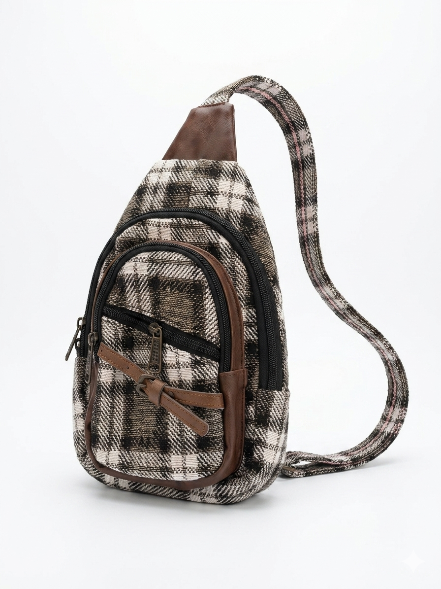 Plaid Sling Bag: Stylish 20x30 cm crossbody backpack with multiple pockets and a teardrop shape.