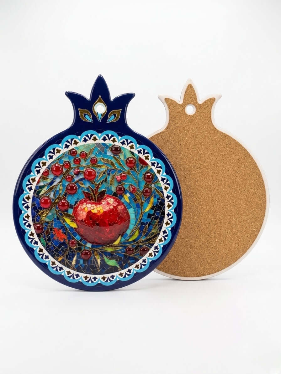 Pomegranate Cork Trivet with vibrant mosaic design featuring a pomegranate on a deep blue background and cork base.