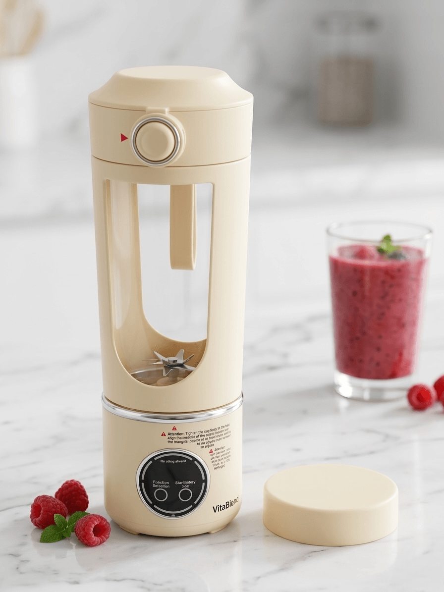 Portable Blender Juicing Cup on a counter with a smoothie and fresh raspberries.