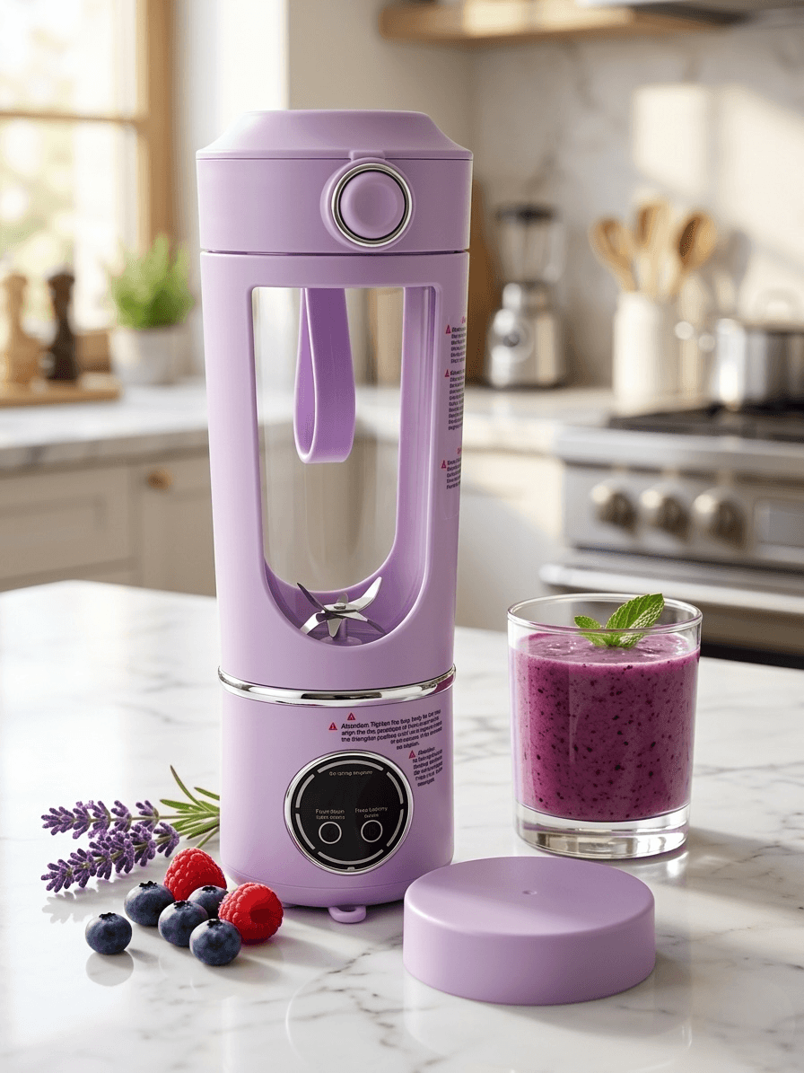 Portable Blender Juicing Cup in lavender color with smoothie and berries on kitchen counter.