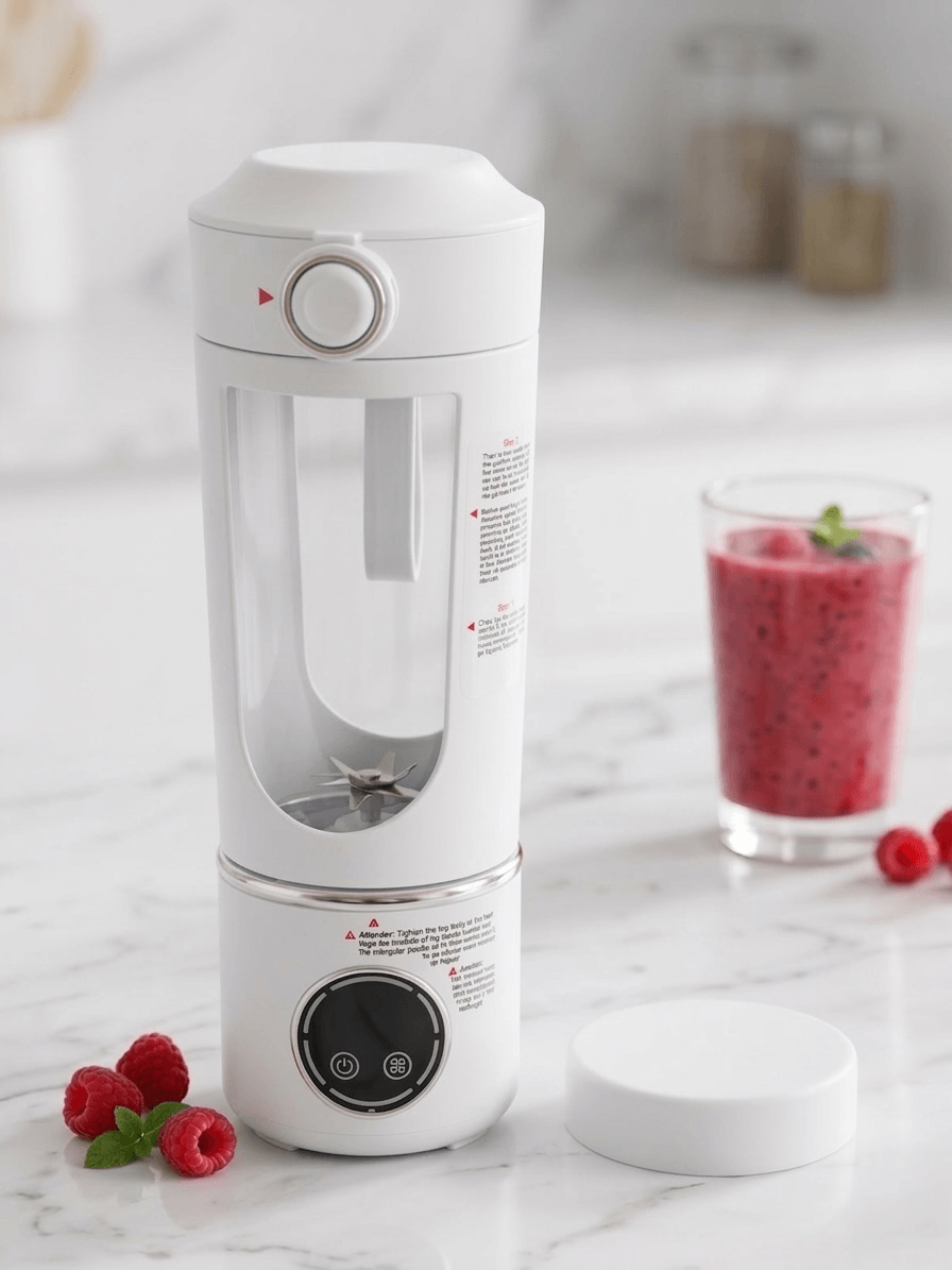 Portable Blender Juicing Cup on a marble countertop with smoothie and raspberries.