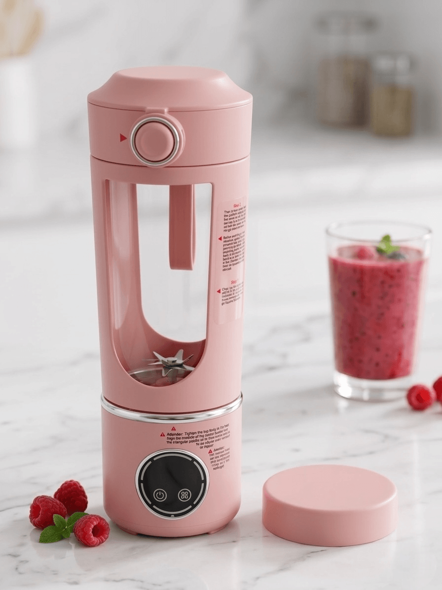 Portable Blender Juicing Cup in pink with smoothie, raspberries, and user-friendly design for on-the-go blending.