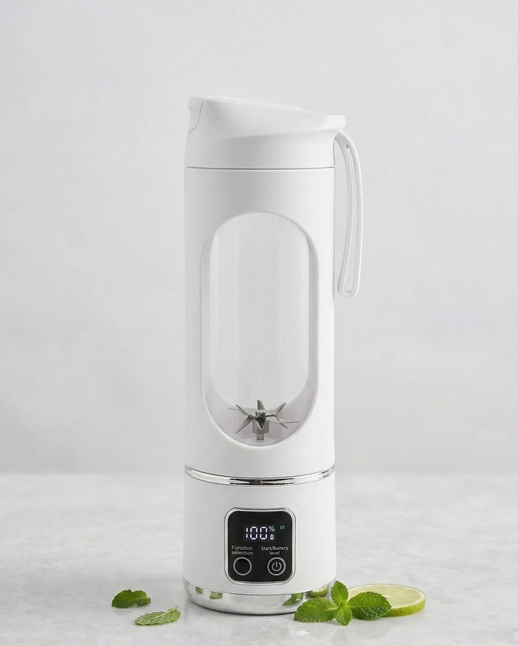 Portable Juicing Cup HS-860 – Rechargeable Personal Blender 450ml in white color with digital display.
