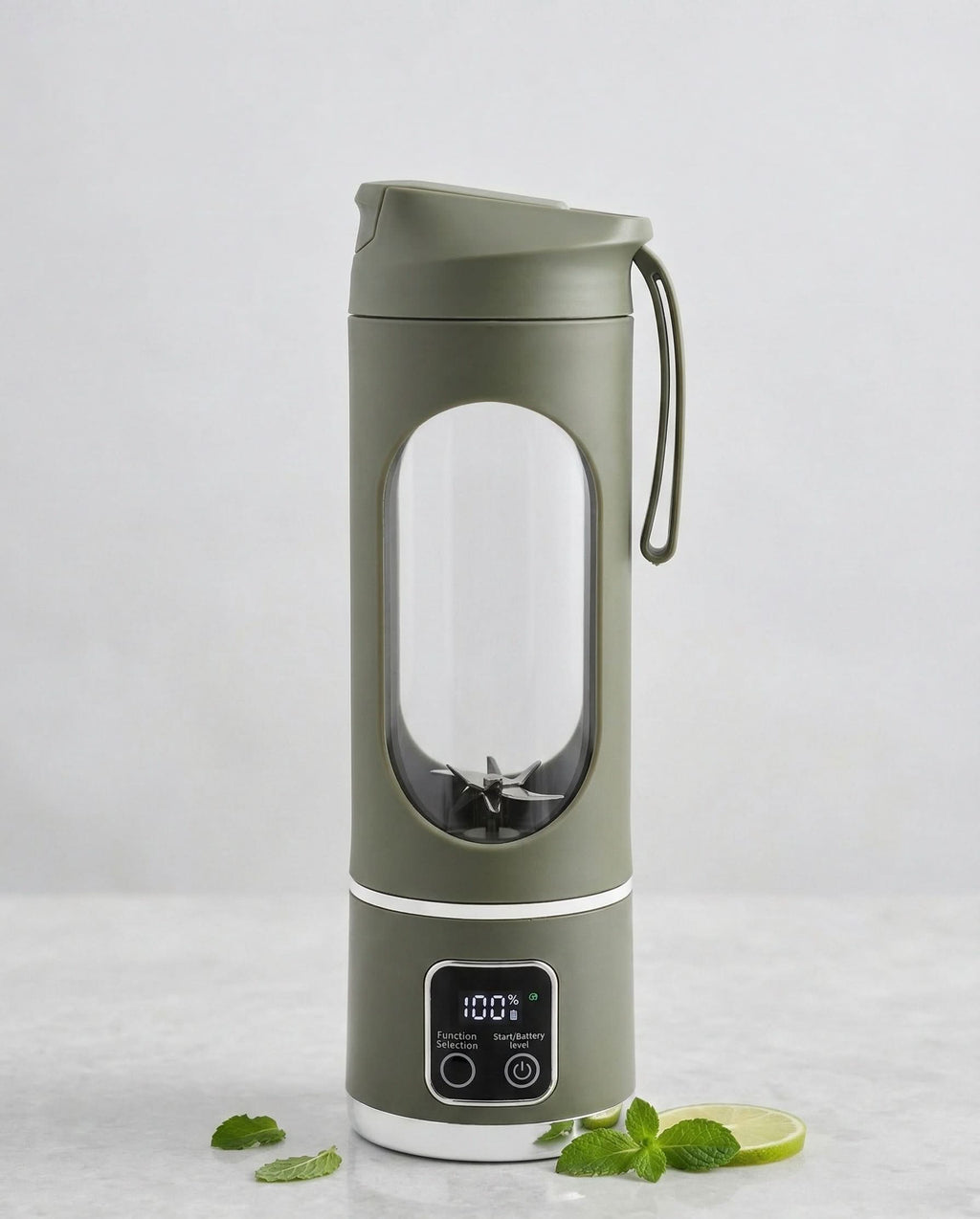Portable Juicing Cup HS-860 – Rechargeable personal blender in green with digital display and lime on the side.