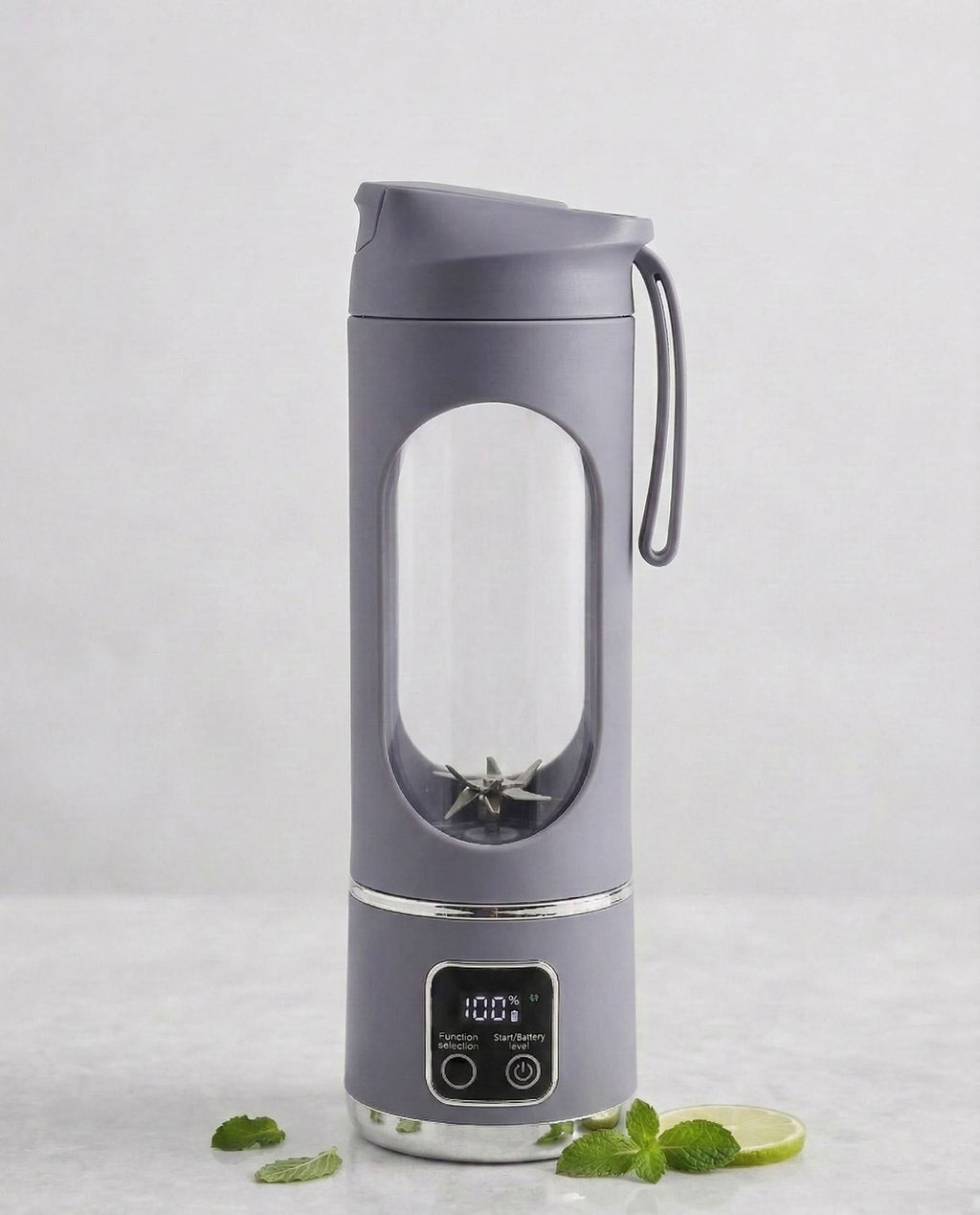 Portable Juicing Cup HS-860 – Rechargeable personal blender in gray color with display and lid.