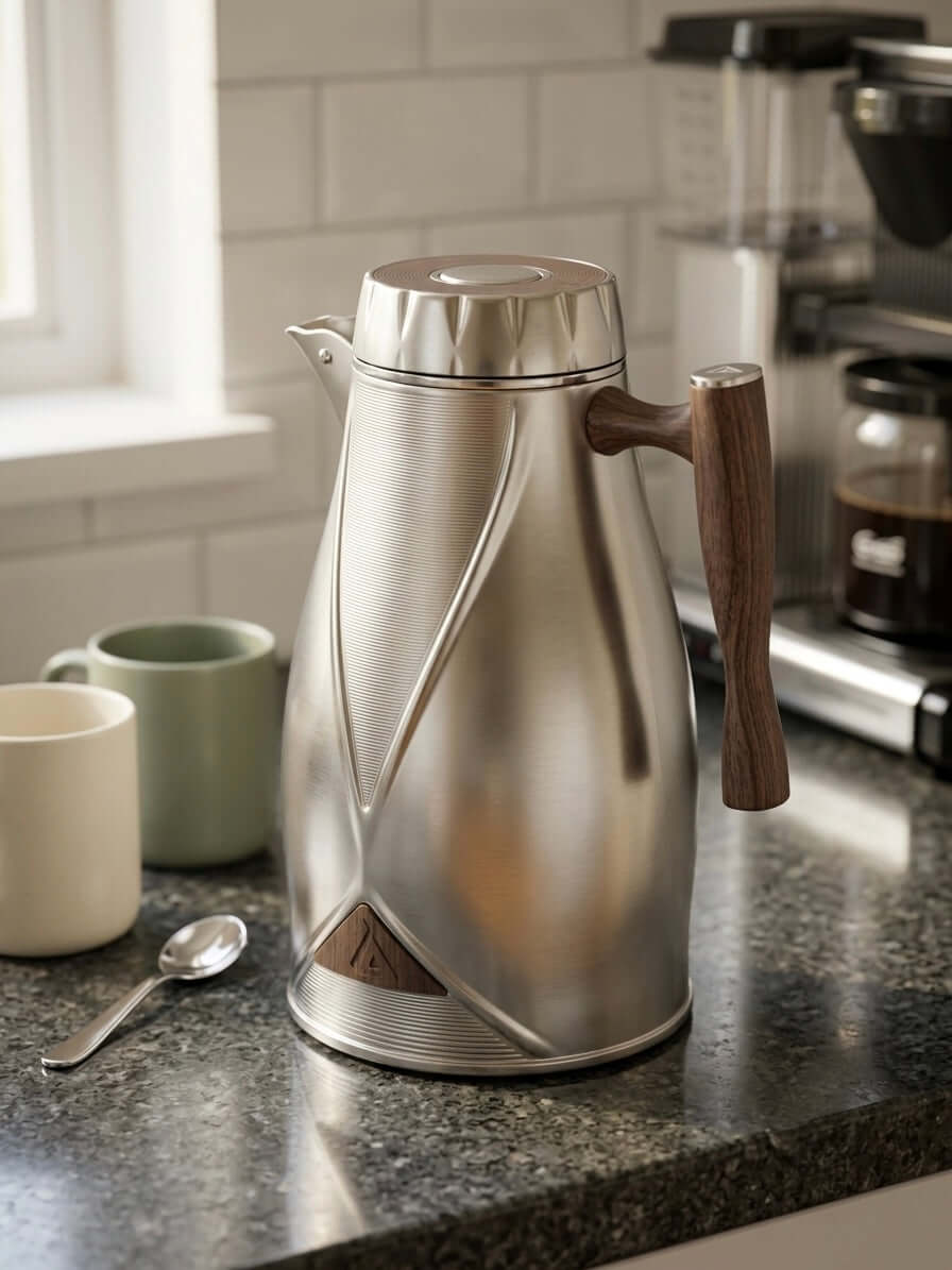 Premium thermal carafe on a kitchen countertop with cups and spoon, perfect for serving coffee and tea.