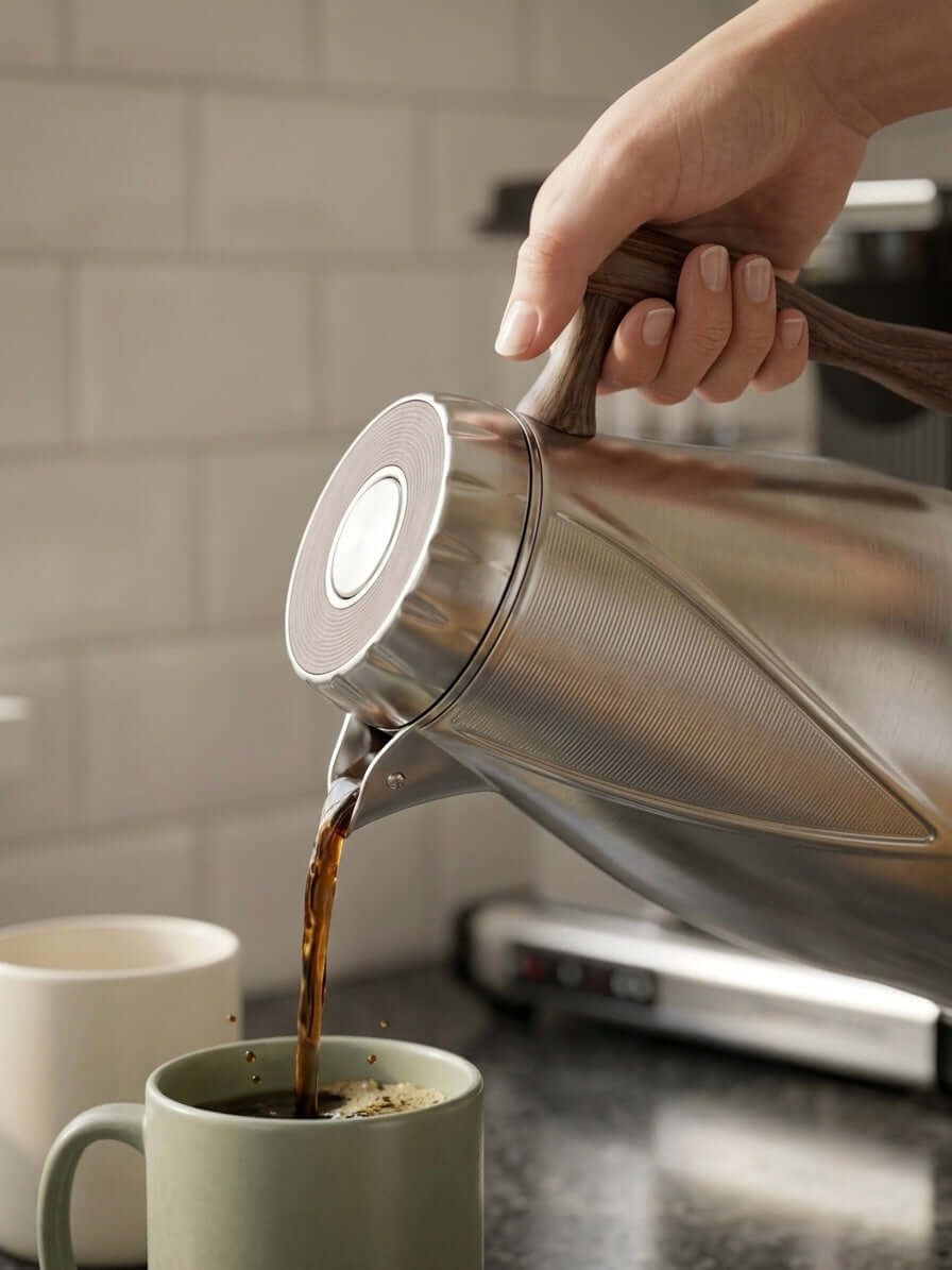 Hand pouring coffee from a premium thermal carafe into a green mug on a kitchen counter.