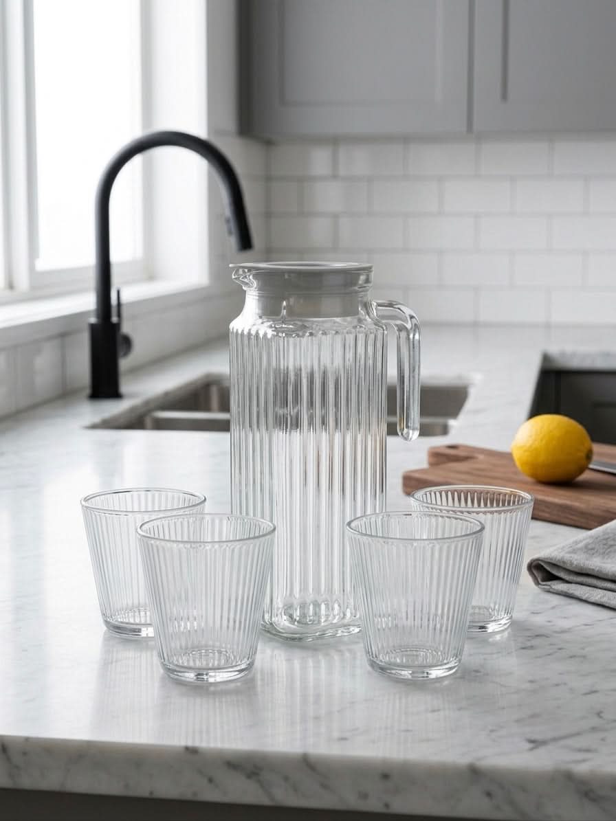 Premium 5-piece ribbed glassware set featuring a water jug and cups on a marble counter.