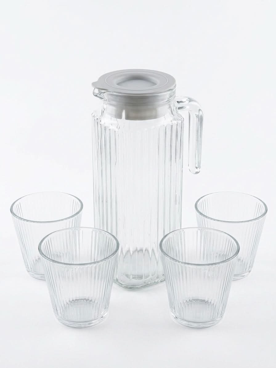Premium 5-piece ribbed glassware set including a water jug and four cups on a light background.