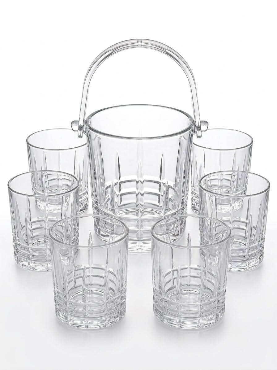 Premium 7-Piece Diamond Cut Whiskey Glass Set with ice bucket and six glasses for elegant home entertaining.
