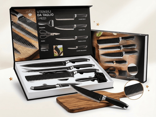 Premium 7 Piece Kitchen Knife Set displayed in a box with 7 essential knives and scissors on a wooden cutting board.