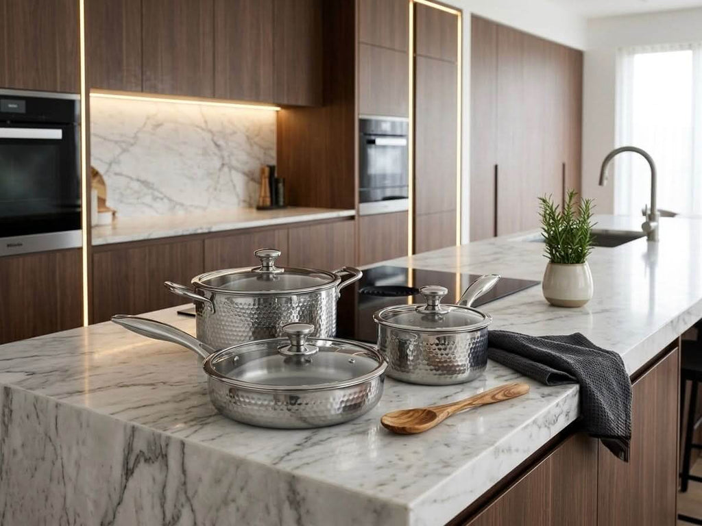 Premium Hammered Stainless Steel Cookware Set – 3 Piece displayed elegantly on a marble kitchen countertop.