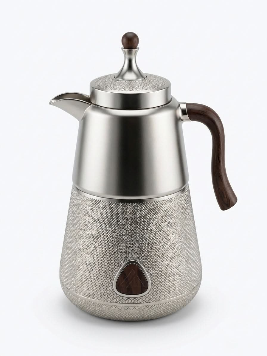 Premium Insulated Thermal Carafe with textured metallic finish and ergonomic wood handle for elegant tea and coffee.