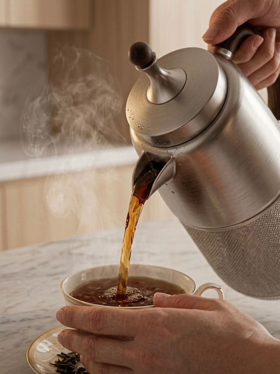 Premium insulated thermal carafe pouring hot tea into a delicate cup with steam rising.