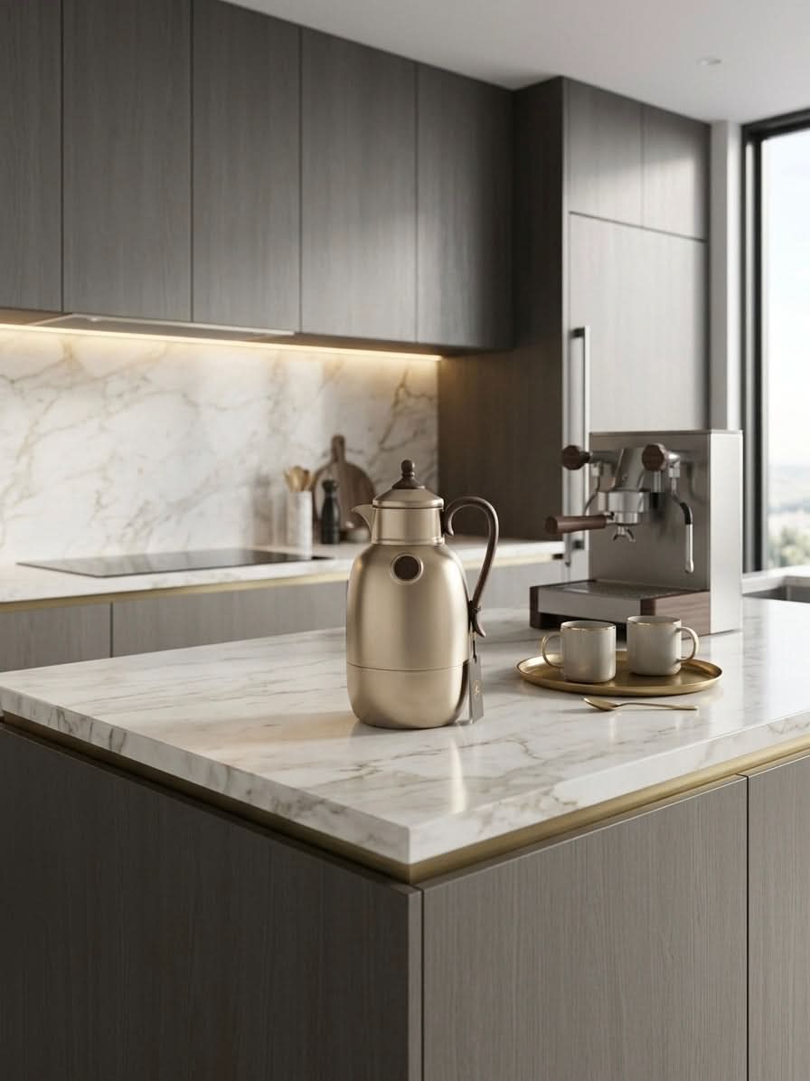 Luxury insulated thermal carafe on a marble kitchen countertop with coffee cups and a modern coffee machine.