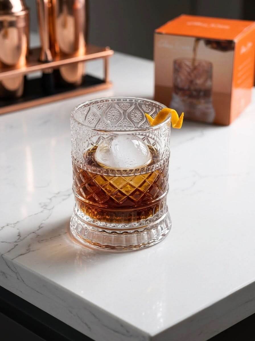 Premium rotating whiskey tumbler filled with drink, garnished with a twist of lemon on a marble countertop.