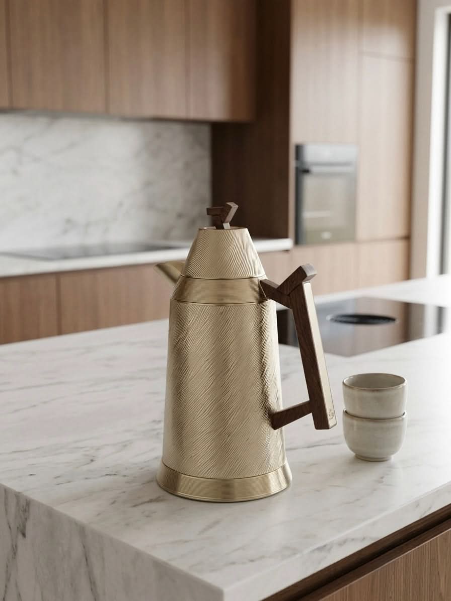 Premium Textured Silver Thermal Carafe on countertop, showcasing a luxury insulated thermal carafe design.