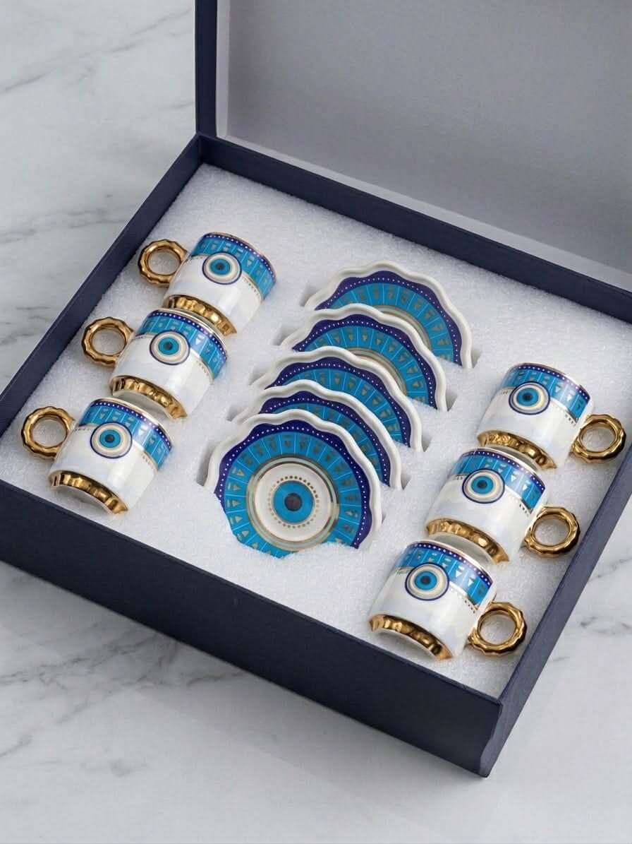 Set of 6 premium Turkish coffee cups with evil eye motifs in elegant packaging.