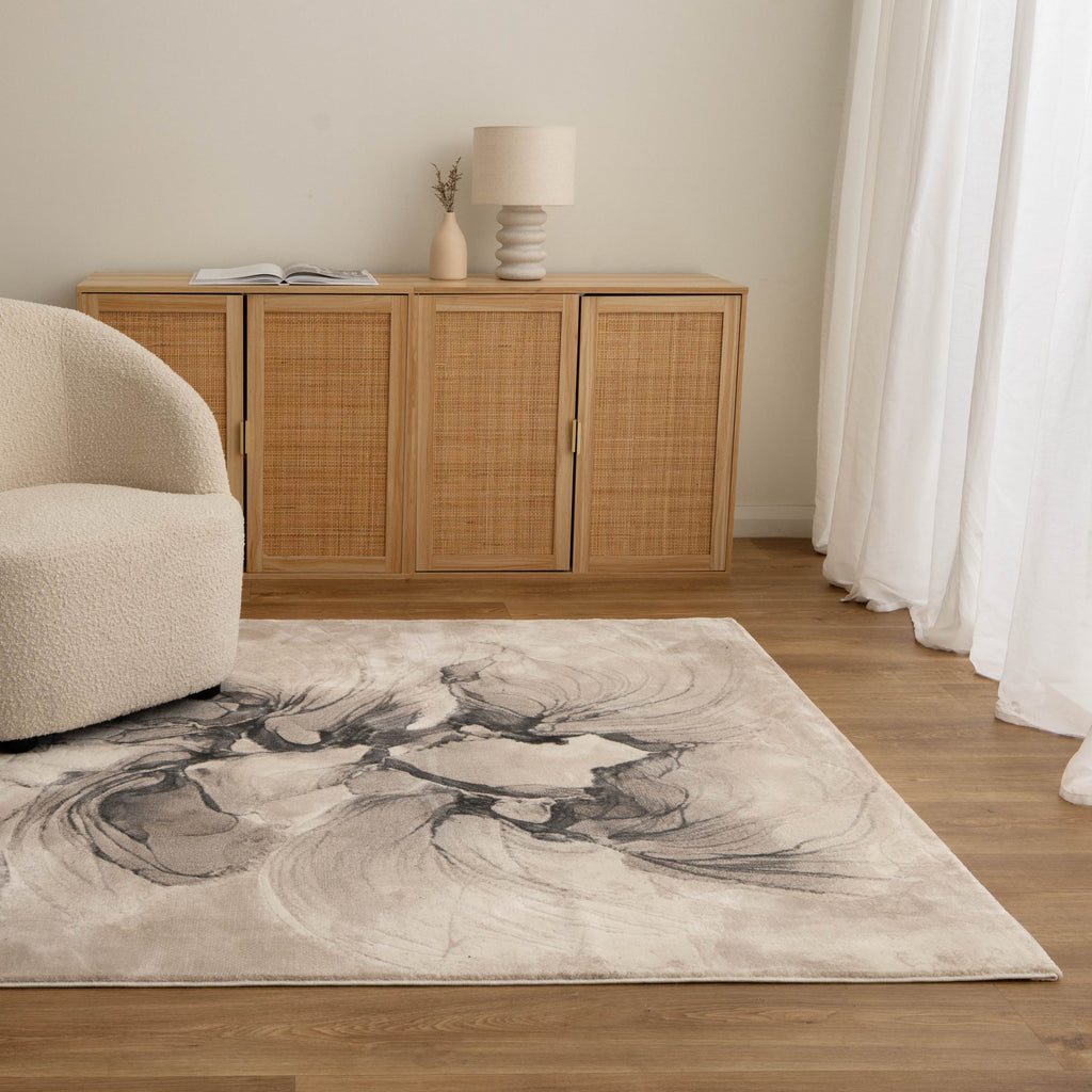 Rue R002 Beige Charcoal Abstract Rug styled with furniture
