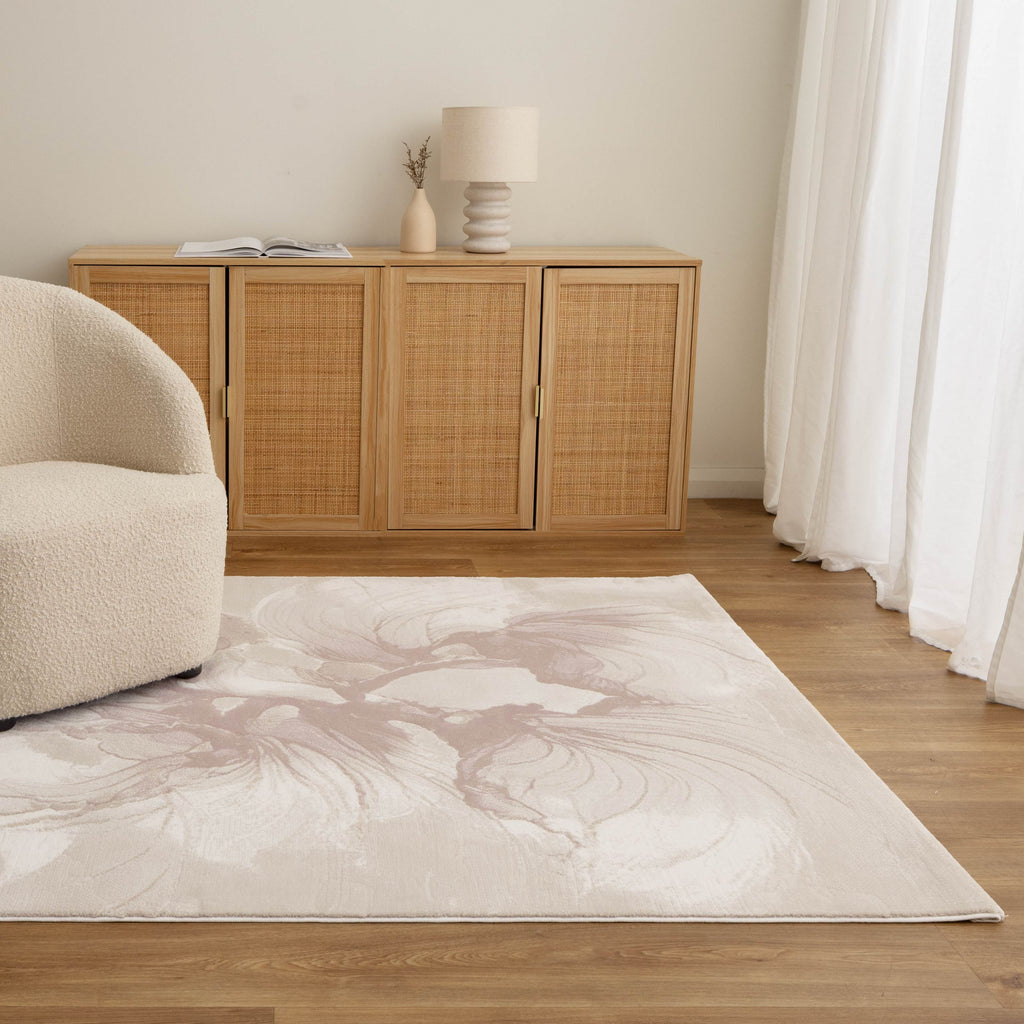 Rue R003 Pink Abstract Rug styled with furniture