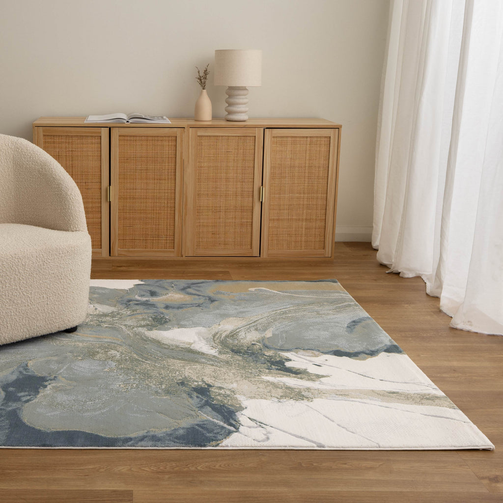 Rue R004 Green Abstract Rug styled with furniture