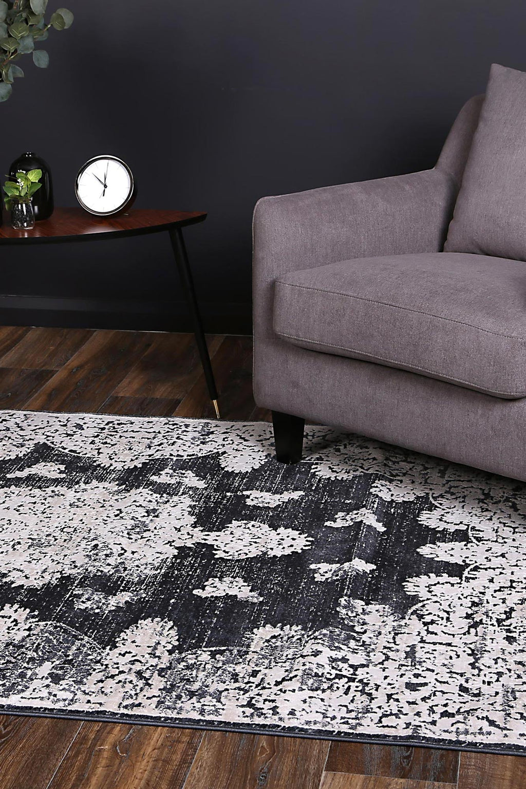 Rapsody Bizet Navy Transitional Rug - 02NAVY styled with furniture