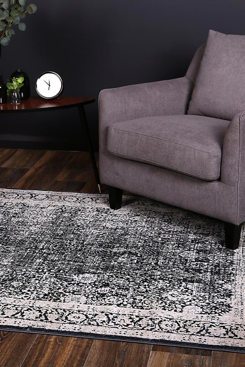 Rapsody Liszt Navy Transitional Rug - 07NAVY styled with furniture