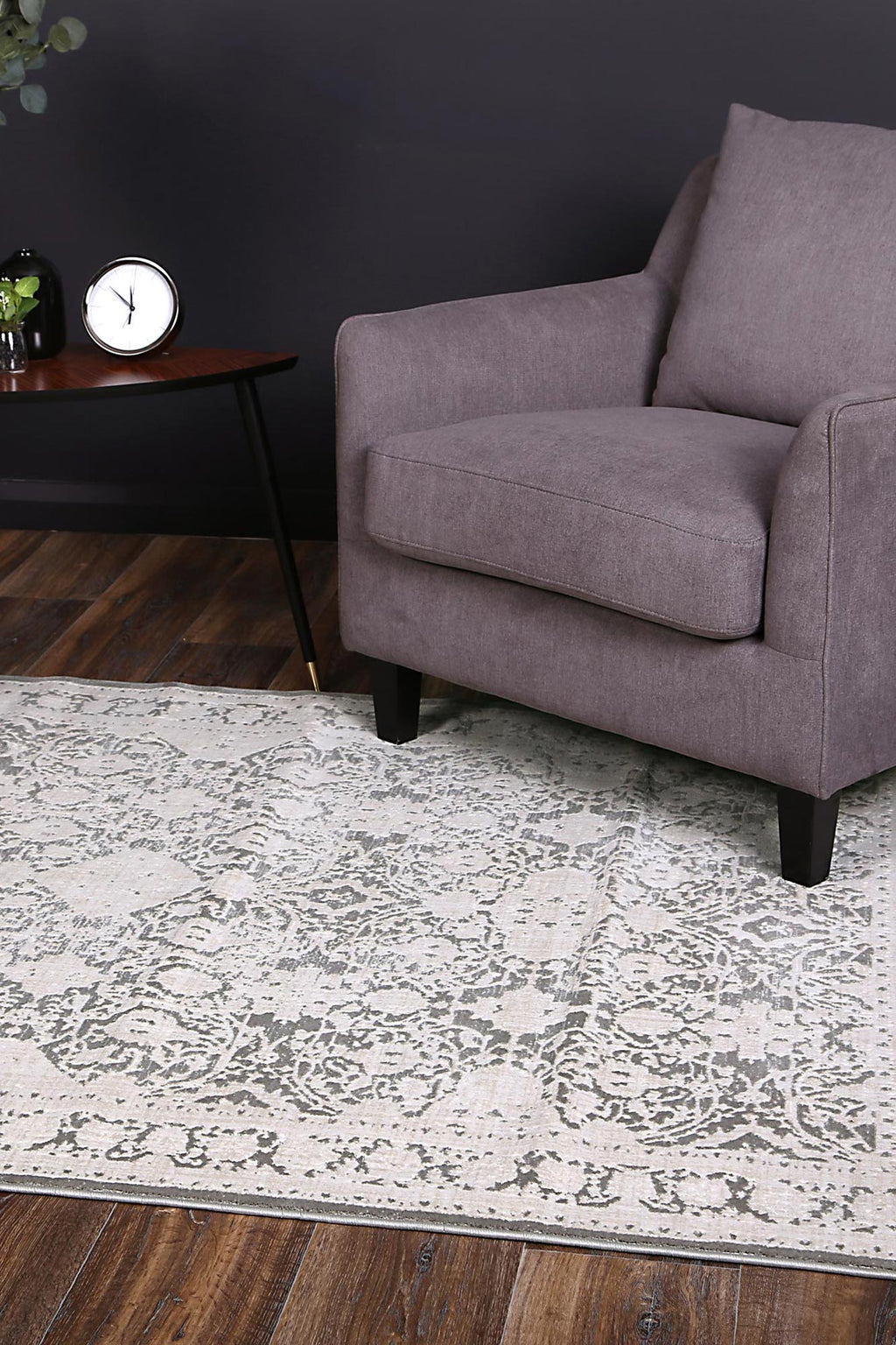 Rapsody Rossini Grey Traditional Rug - 10GREY styled with furniture